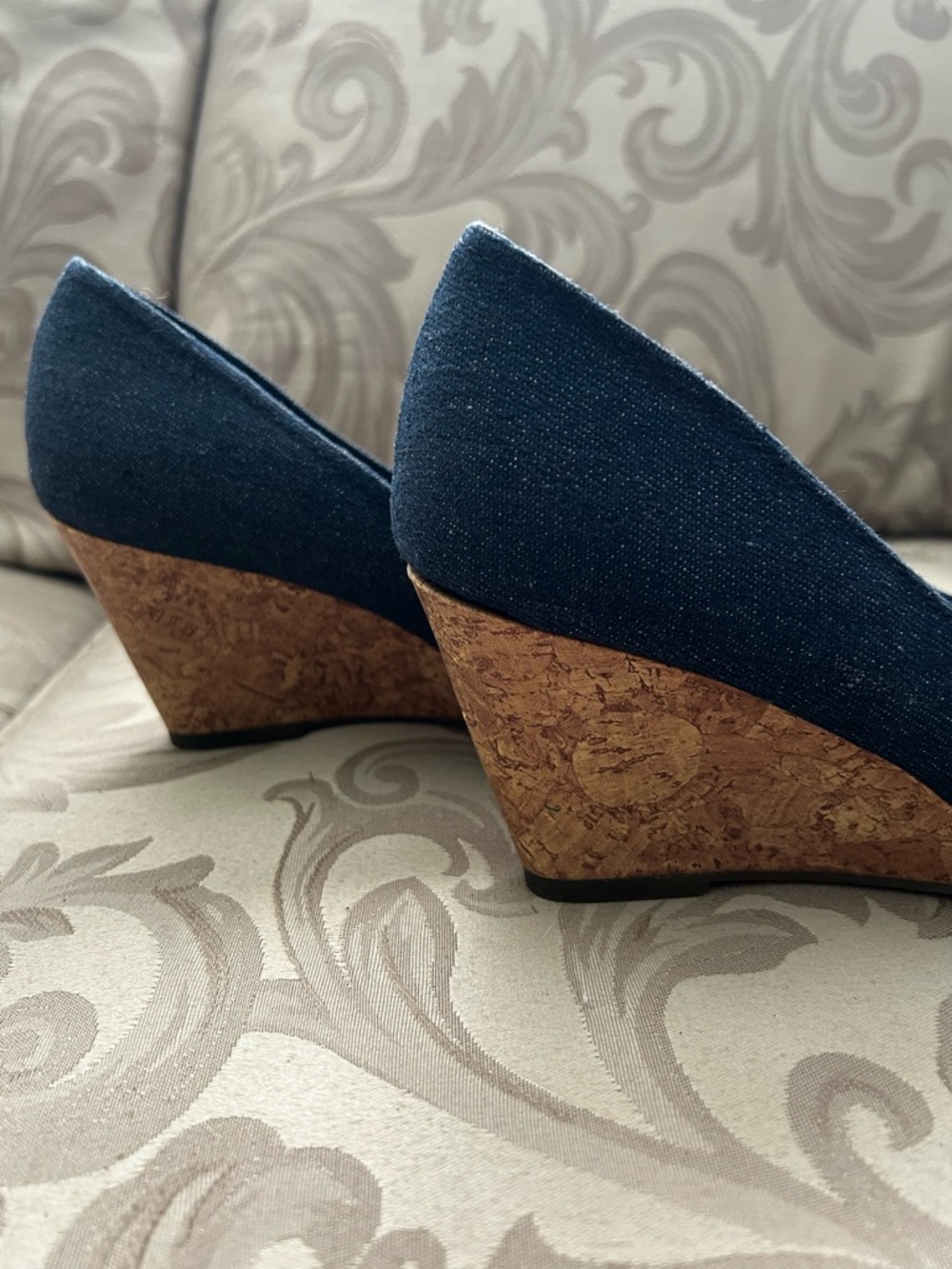 American Eagle Women’s 9.5 Navy Denim Peep-Toe Knot Cork Wedge Heels Shoes - Picture 2 of 10
